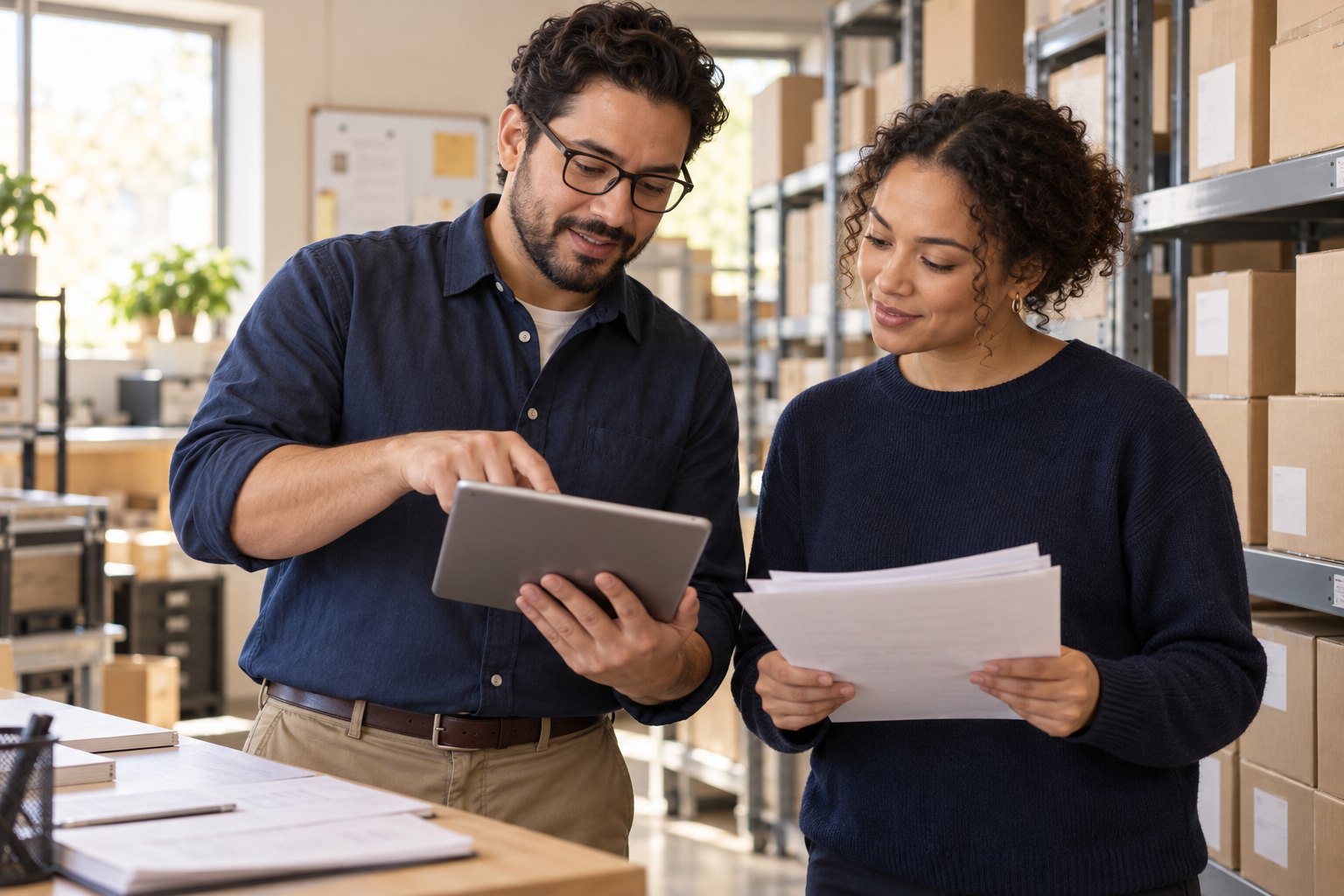 Two retail operations coworkers reviewing a tablet and paperwork together in a stockroom office.