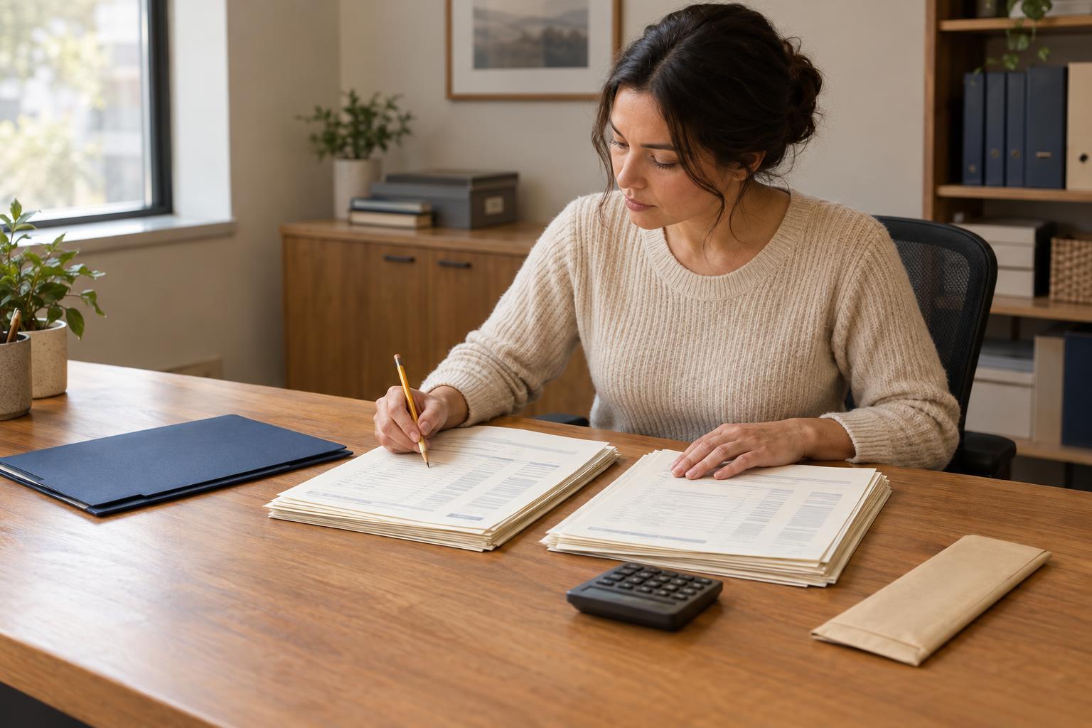Bookkeeper comparing bank statement pages and deposit slips beside a calculator and navy folder in a sunlit office.