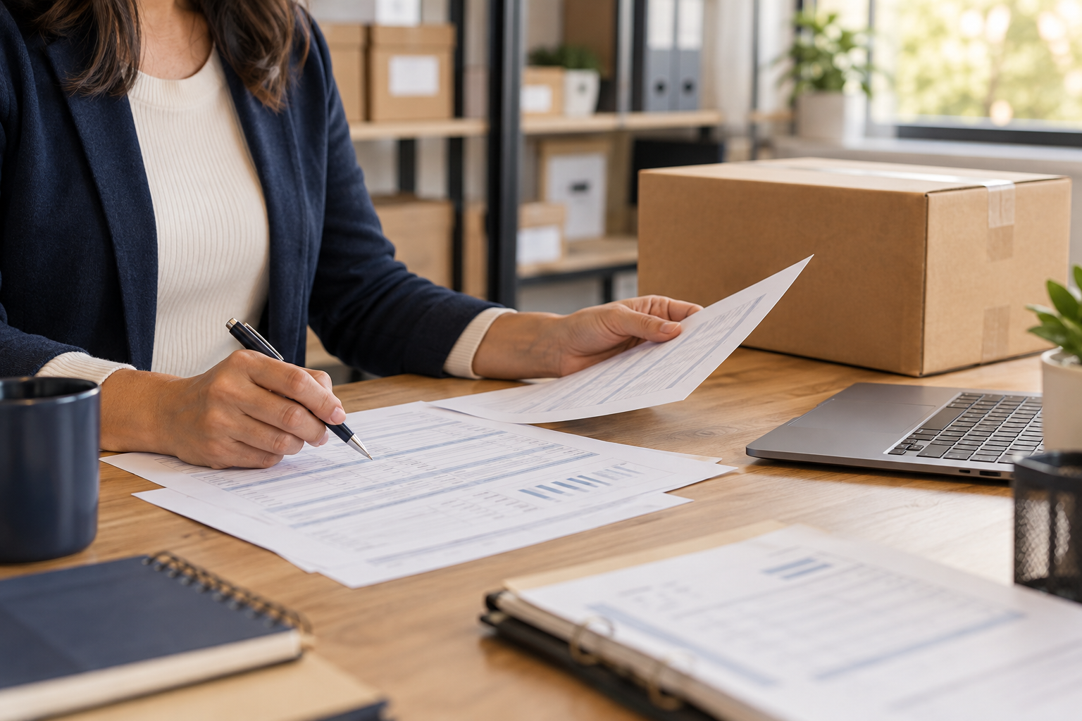 Retail operations manager checking invoice paperwork beside a shipment carton and laptop.