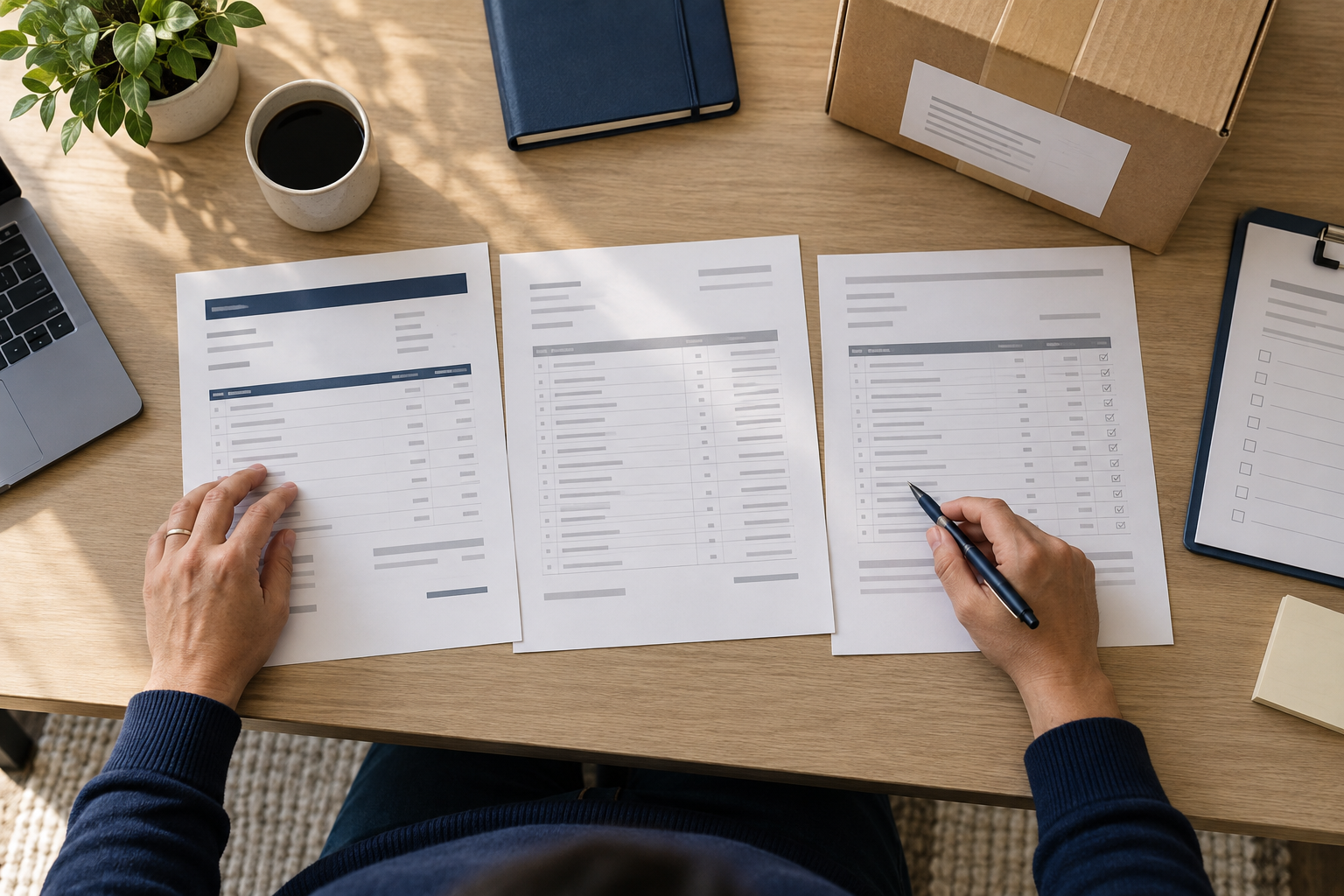 Hands comparing an invoice, purchase order, and receiving record beside a shipment carton.